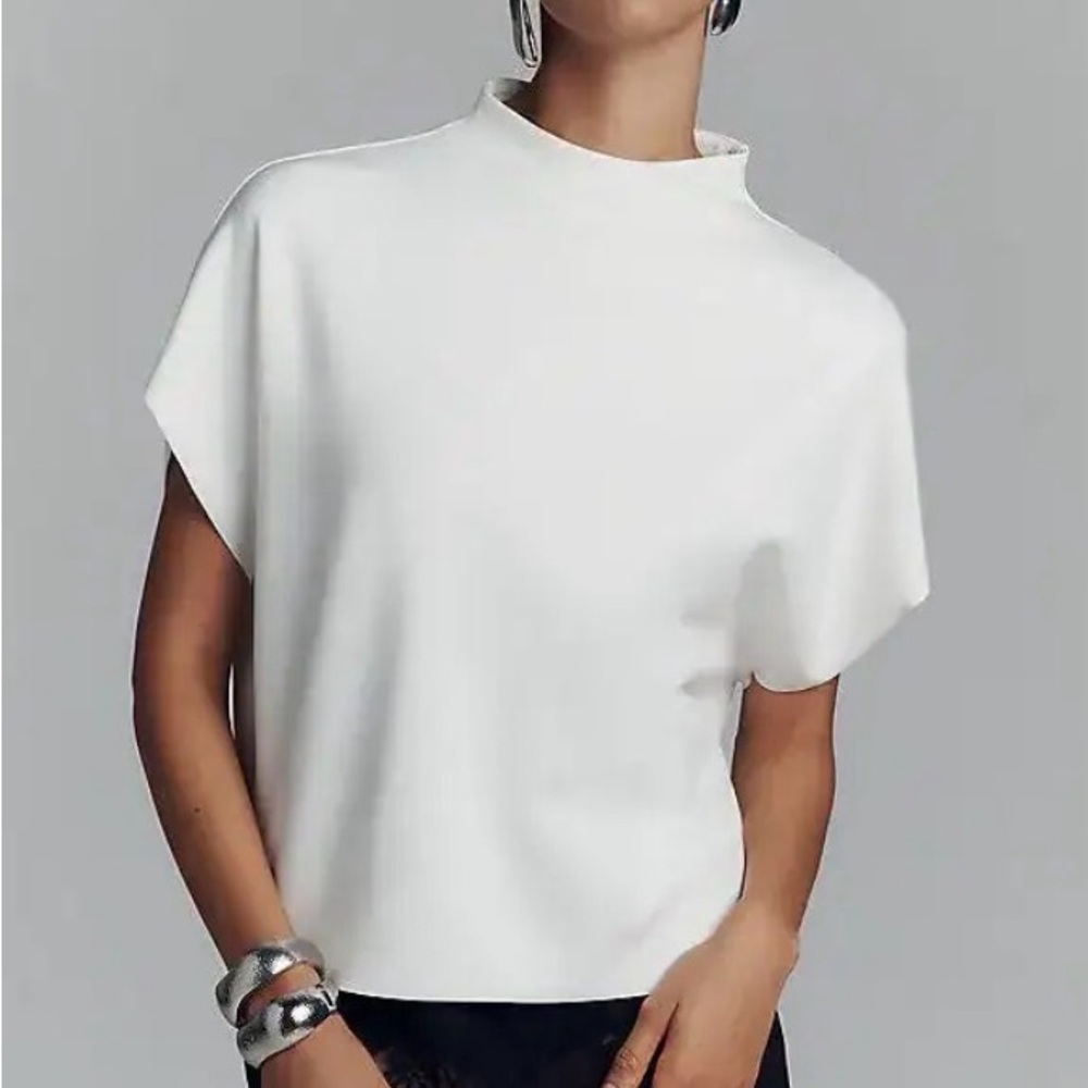 Anthropologie White Mock-Neck Short Sleeve Top